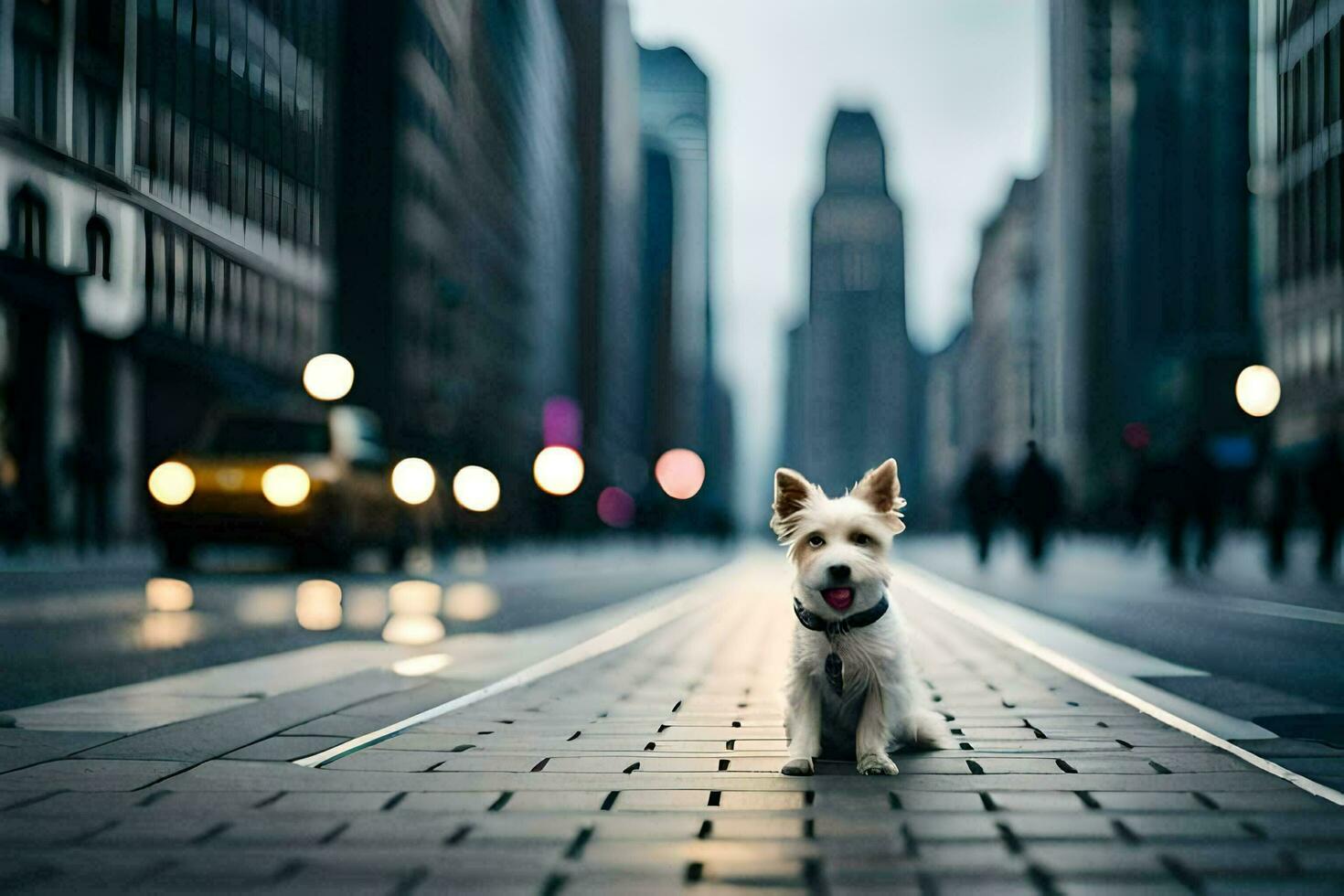 a small dog sitting on the street in a city. AI-Generated photo