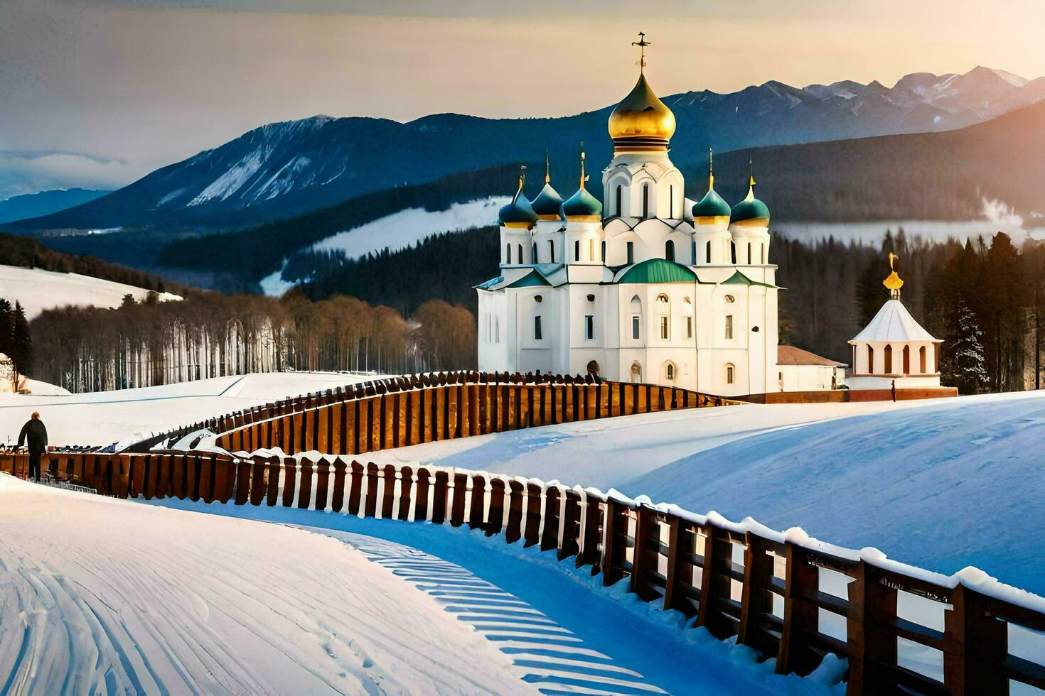 un Iglesia en el nieve con un de madera cerca. generado por ai foto