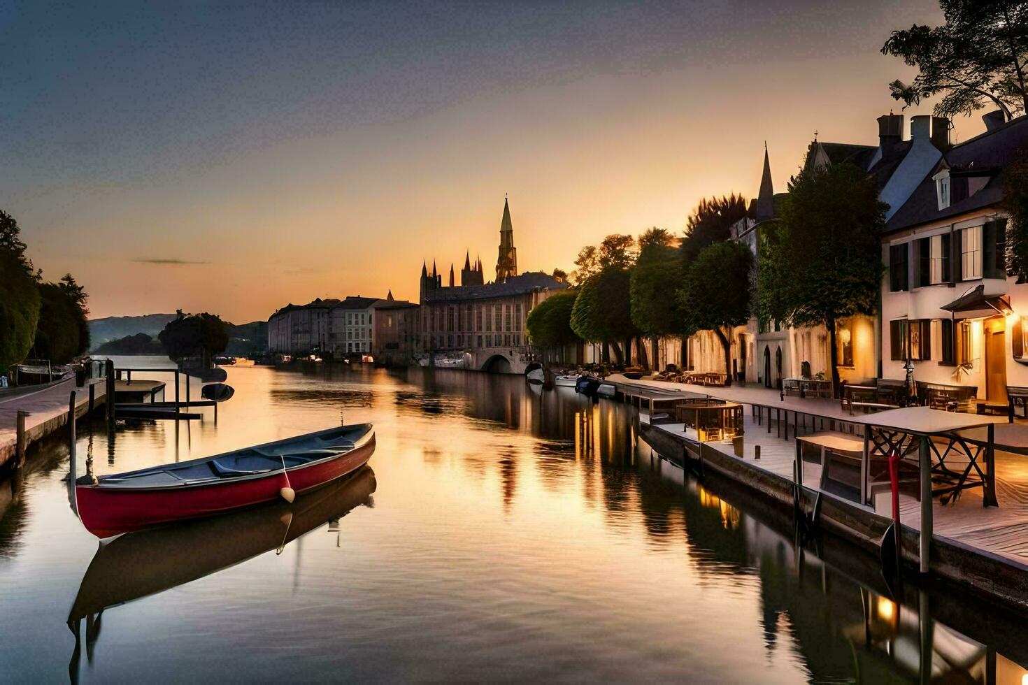 a boat sits on the water in front of a building. AI-Generated photo