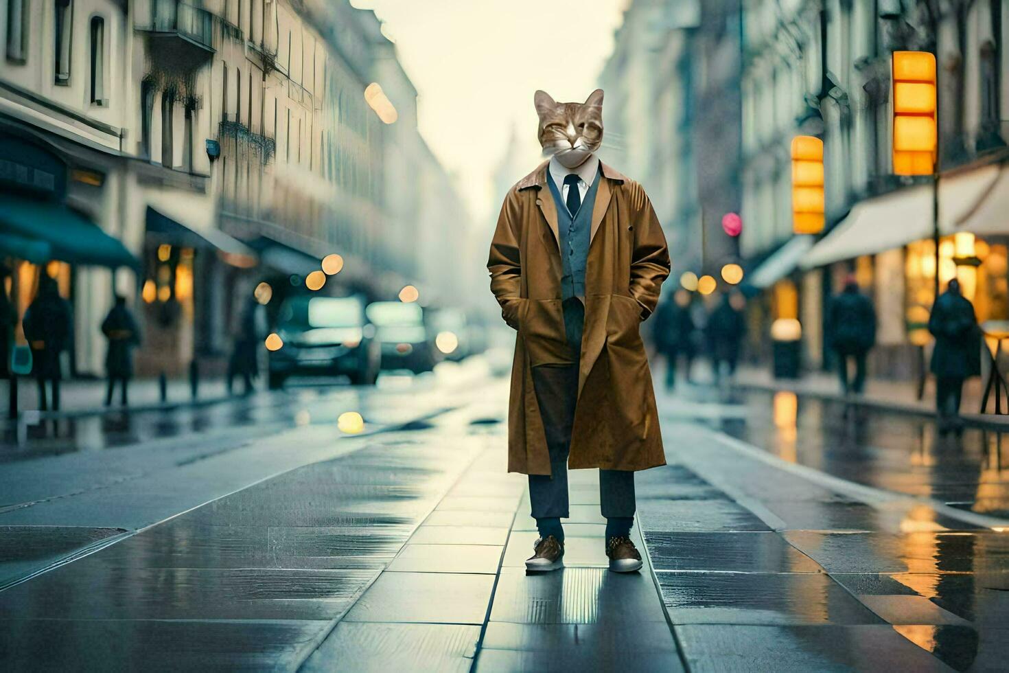 un hombre en un zanja Saco y un gato mascarilla. generado por ai foto