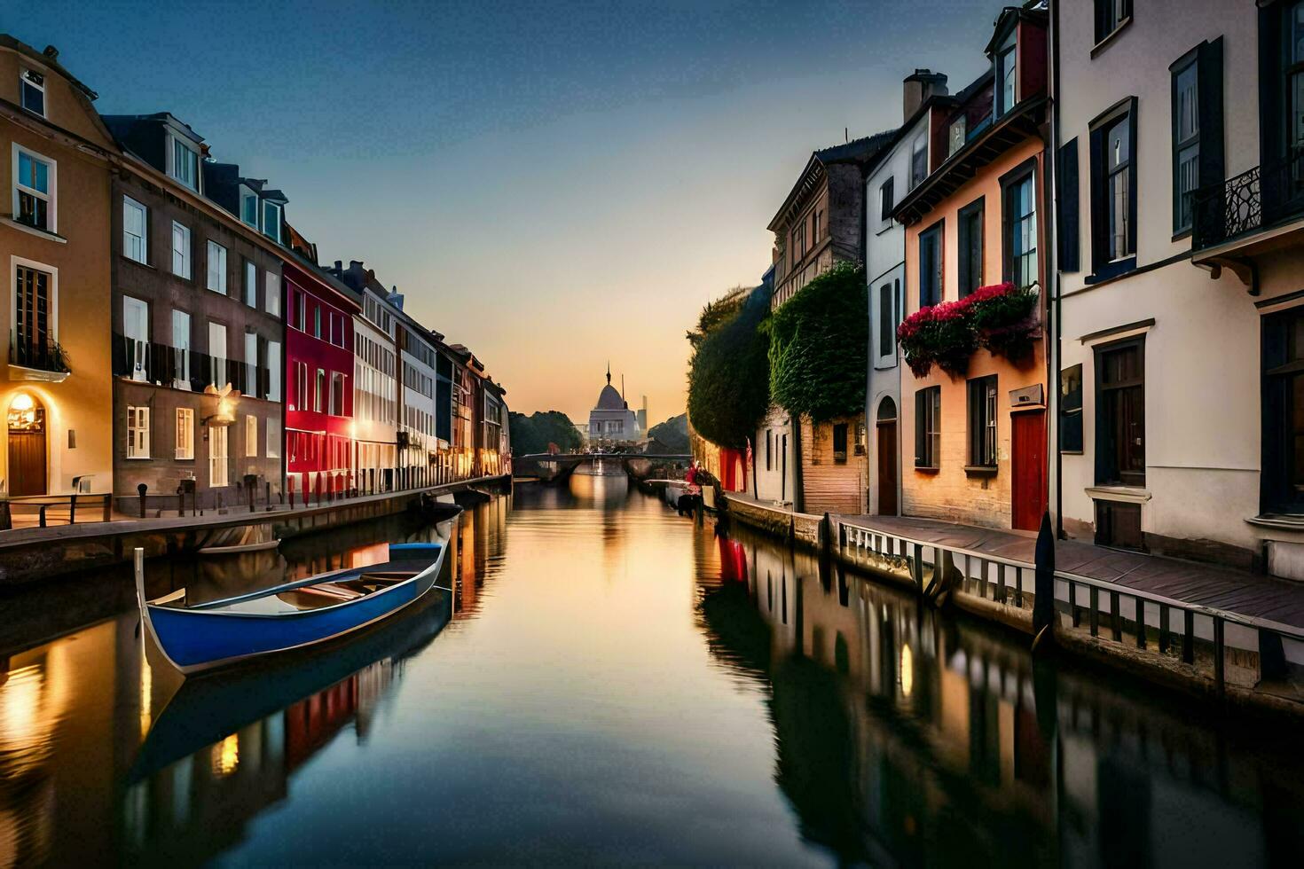 un barco es en un canal en un ciudad a puesta de sol. generado por ai foto