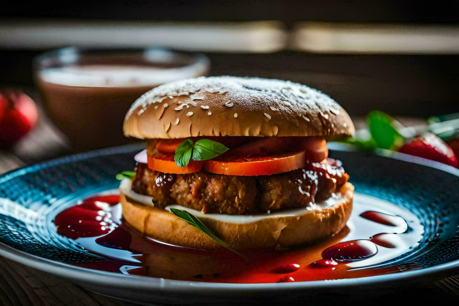 a hamburger with tomato sauce and strawberries on a plate. AI-Generated photo