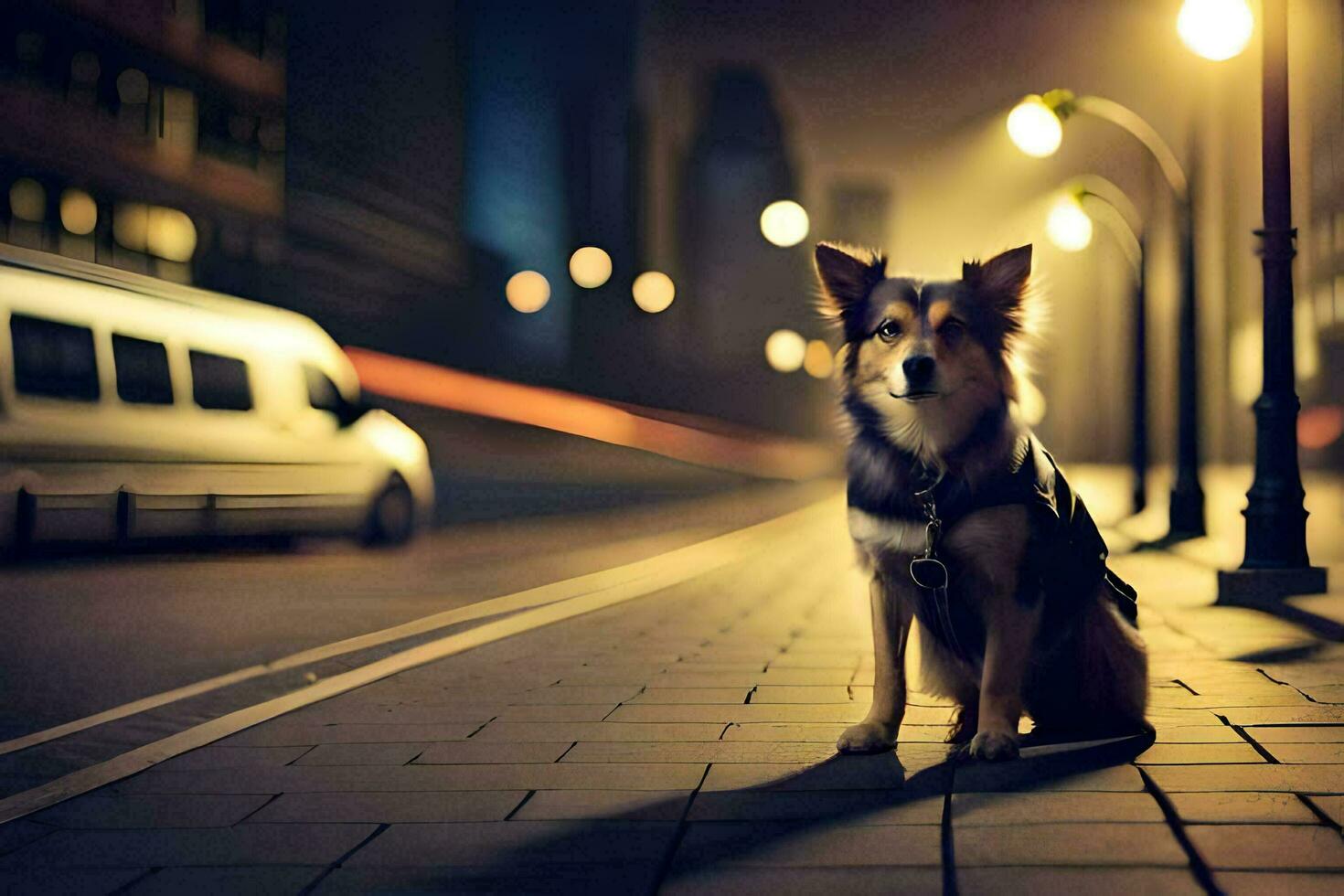 a dog sitting on the street at night. AI-Generated photo