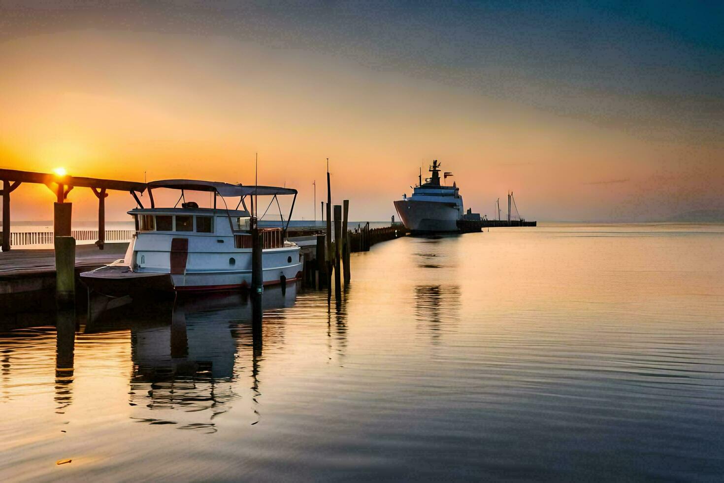a boat docked at the dock at sunset. AI-Generated photo
