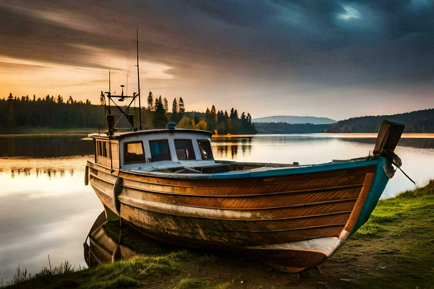 a boat sits on the shore of a lake at sunset. AI-Generated photo