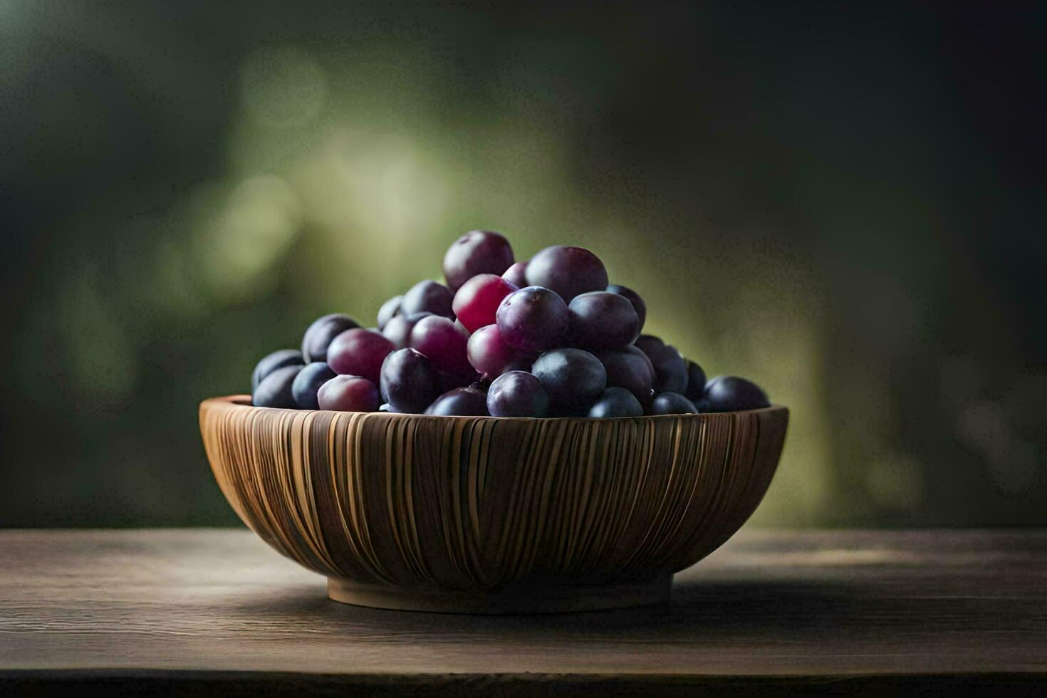 a bowl of grapes on a wooden table. AI-Generated photo
