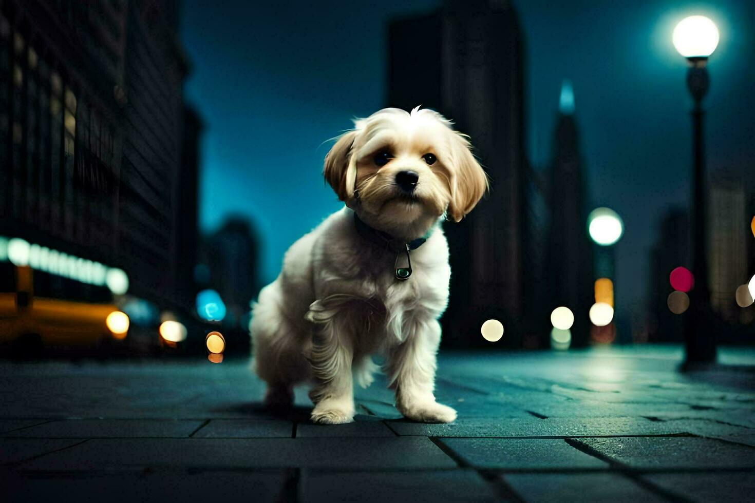 a small dog standing on a street at night. AI-Generated photo