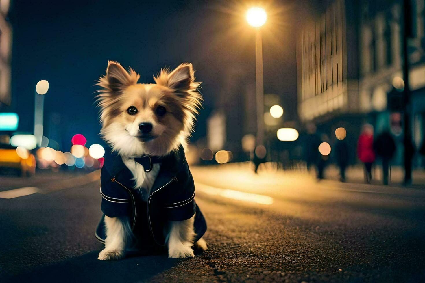 a dog in a suit sitting on the street at night. AI-Generated photo