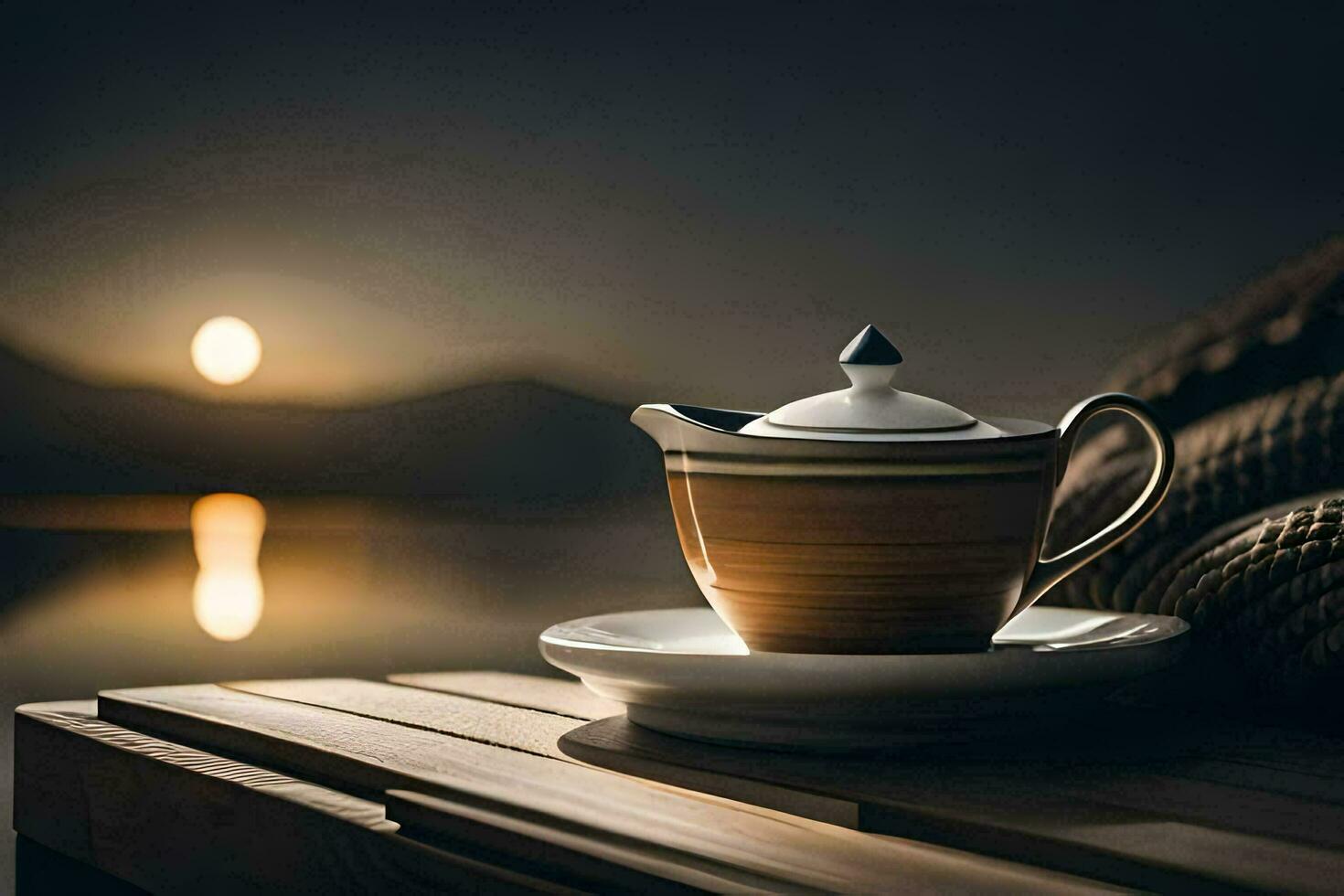 tea pot on a wooden table with a view of the lake. AI-Generated photo