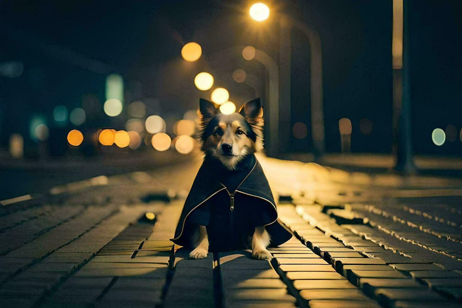 a dog in a cape sitting on the street at night. AI-Generated photo