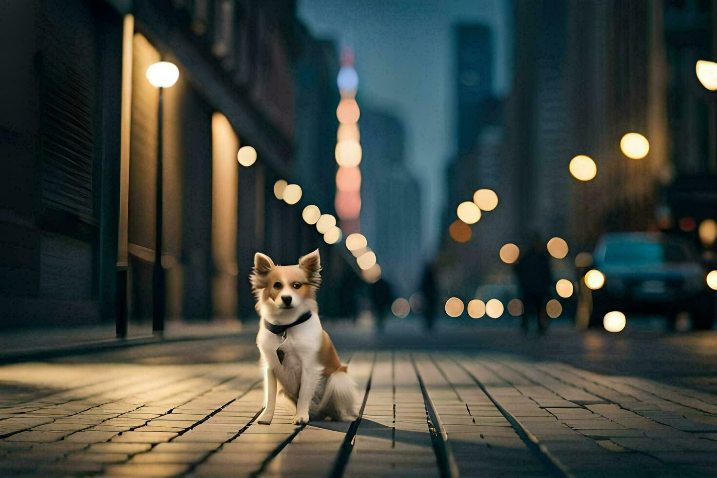 a dog sitting on the street at night. AI-Generated photo