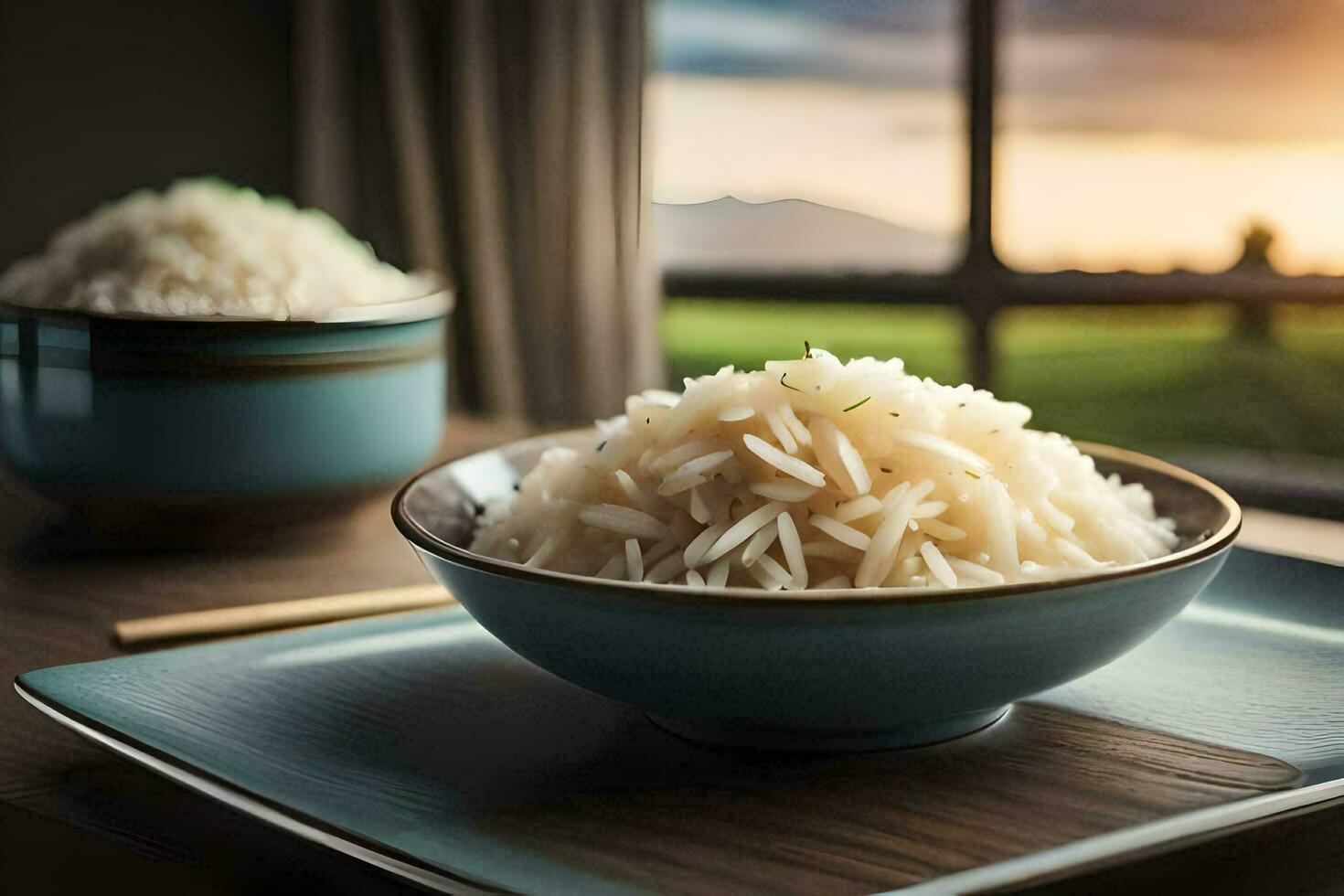 the rice is served in a bowl and placed on a plate. AI-Generated photo