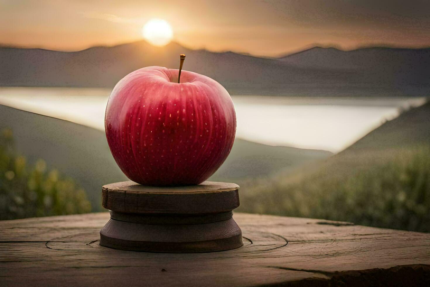an apple sits on top of a wooden table with the sun setting behind it. AI-Generated photo