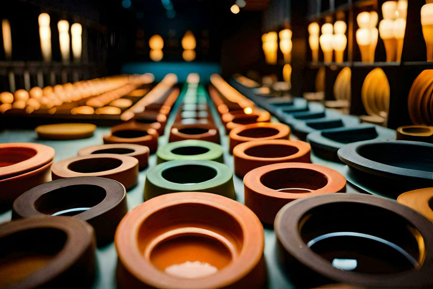 a row of colorful ceramic bowls in a factory. AI-Generated photo