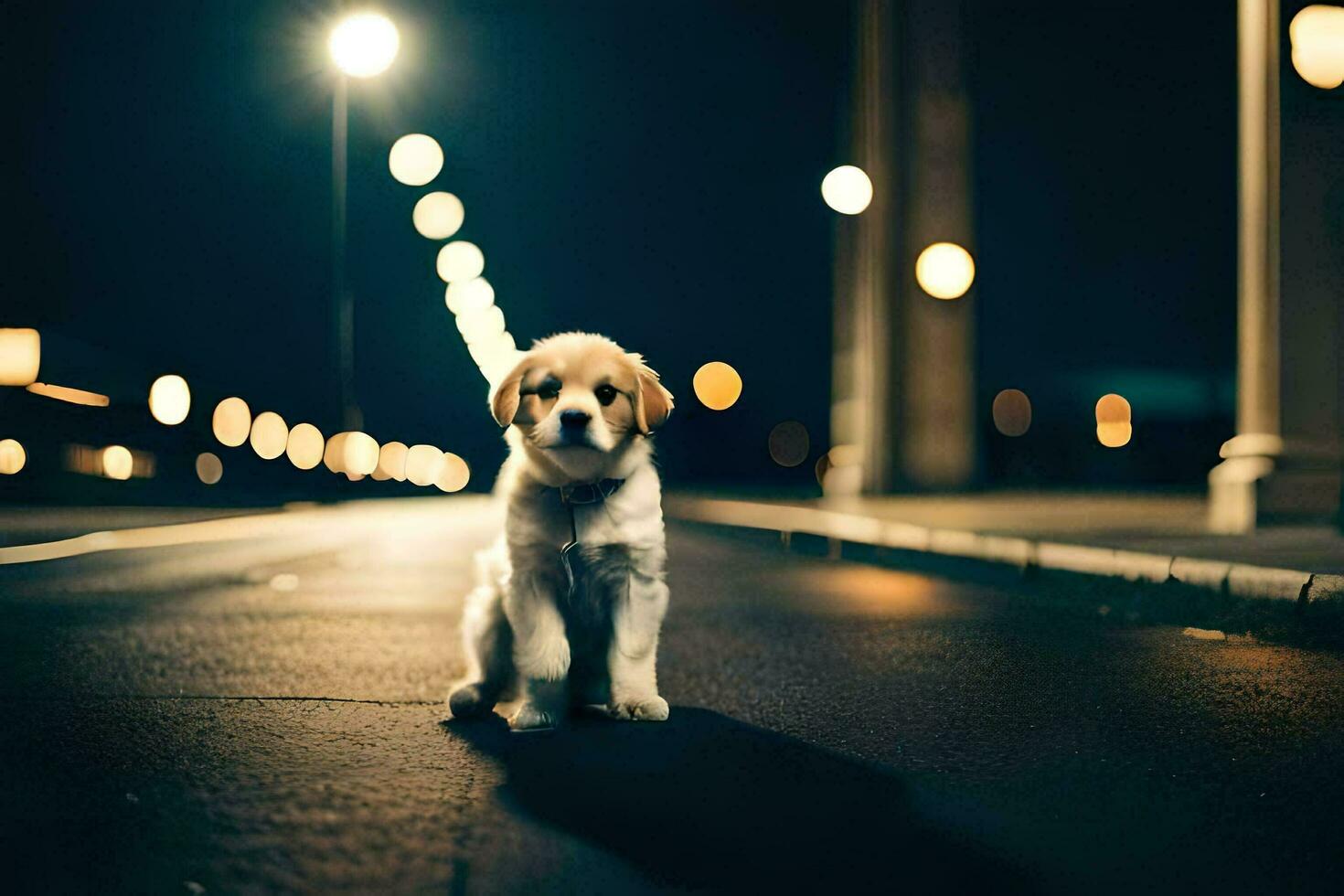 a puppy is standing in the middle of a street at night. AI-Generated photo