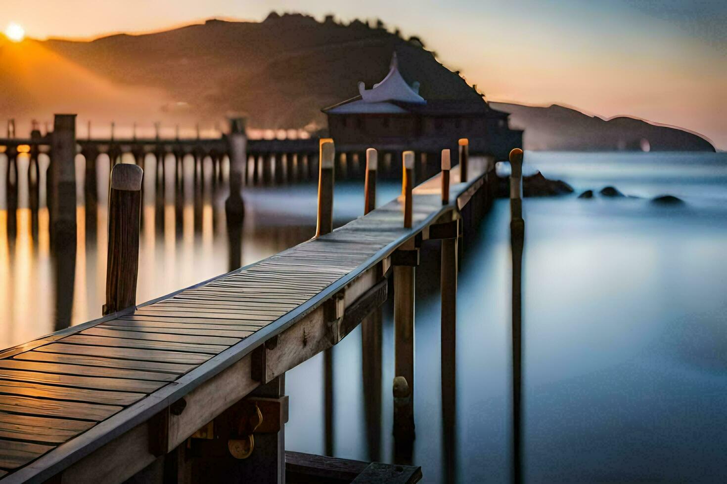 a pier at sunset with the sun rising behind it. AI-Generated photo