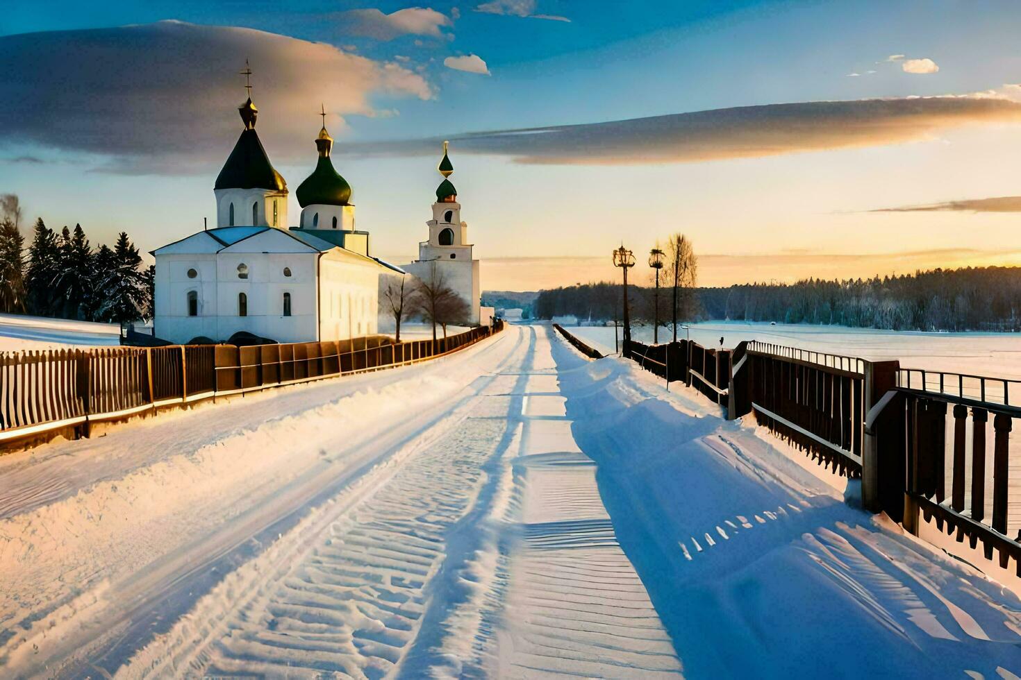 un Nevado la carretera Guías a un Iglesia en el Dom. generado por ai foto