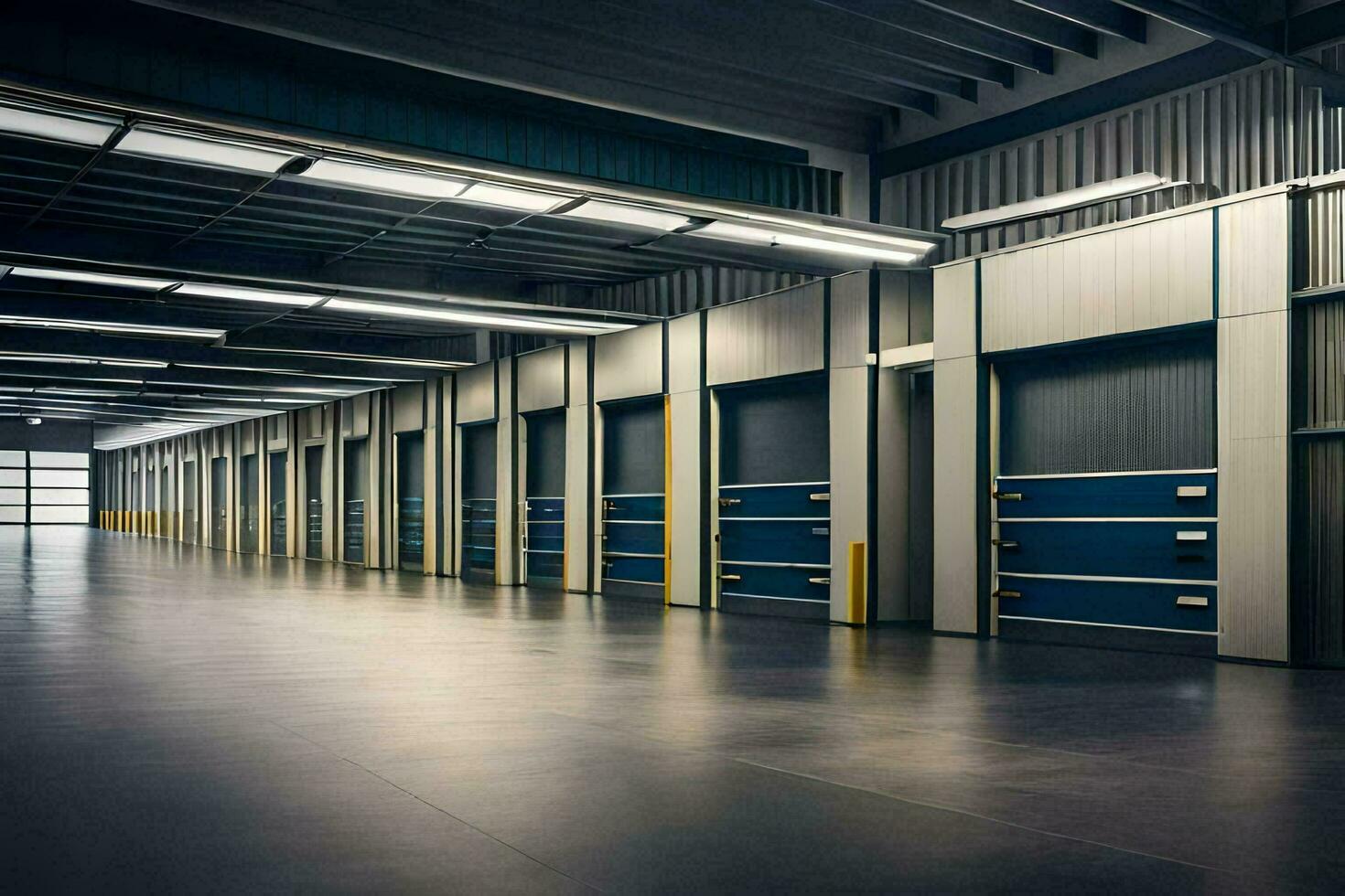 a long, empty warehouse with doors and windows. AI-Generated photo