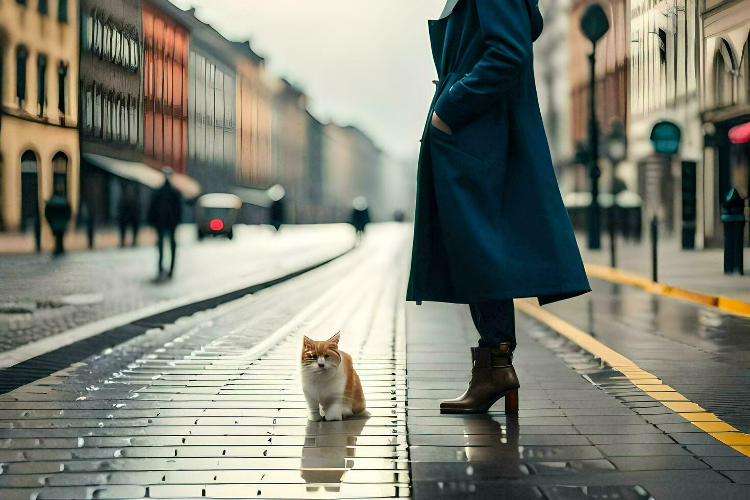 a woman in a coat and boots standing on a street with a cat. AI-Generated photo