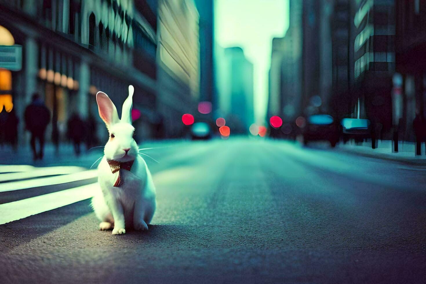 a white rabbit is sitting on the street in a city. AI-Generated photo