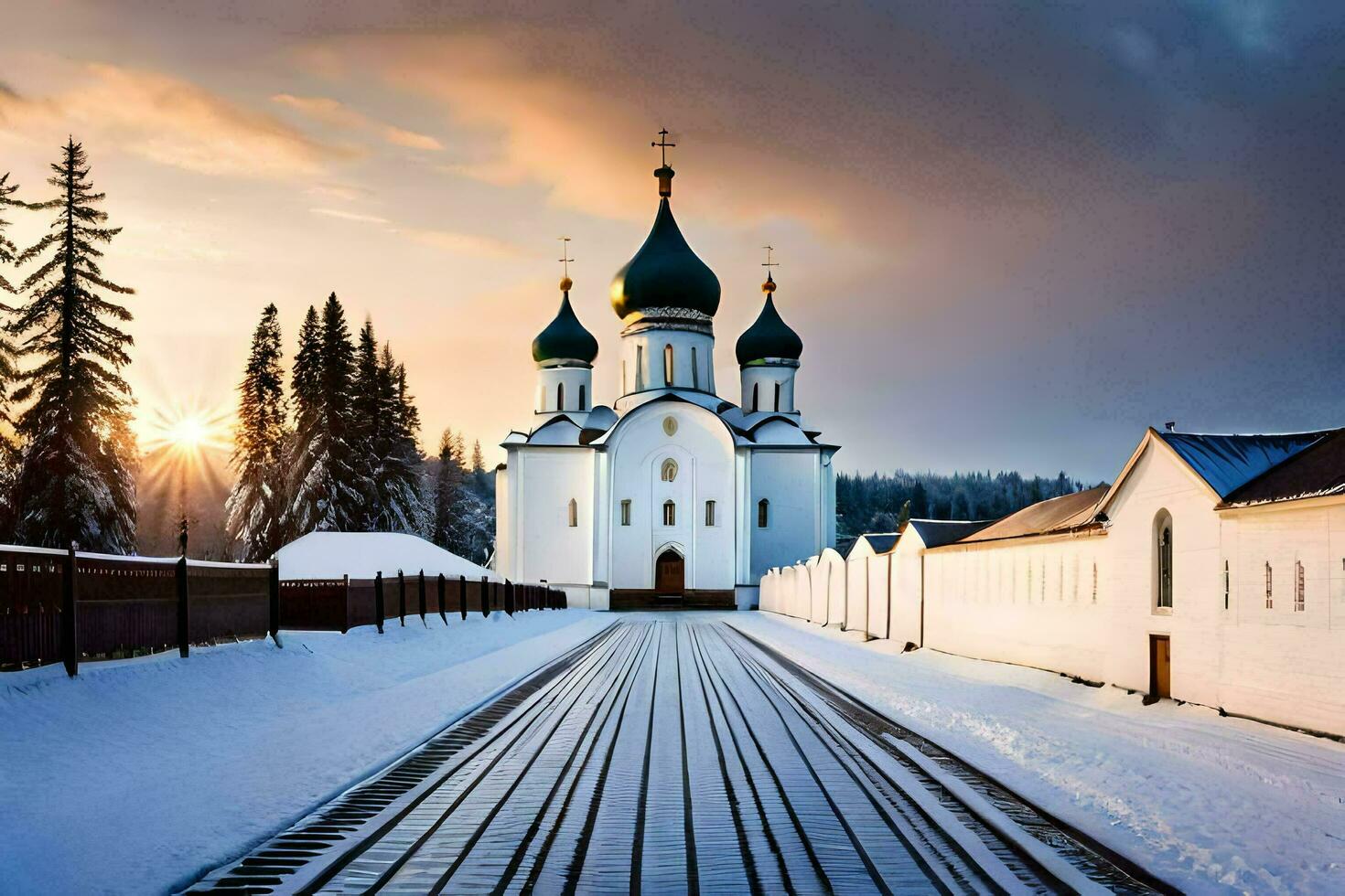 a church in the snow with a train track. AI-Generated photo