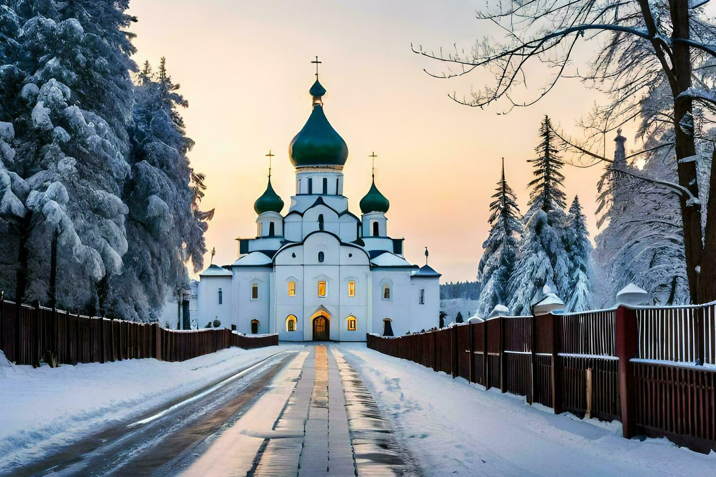 a snowy road leads to a church in the winter. AI-Generated photo