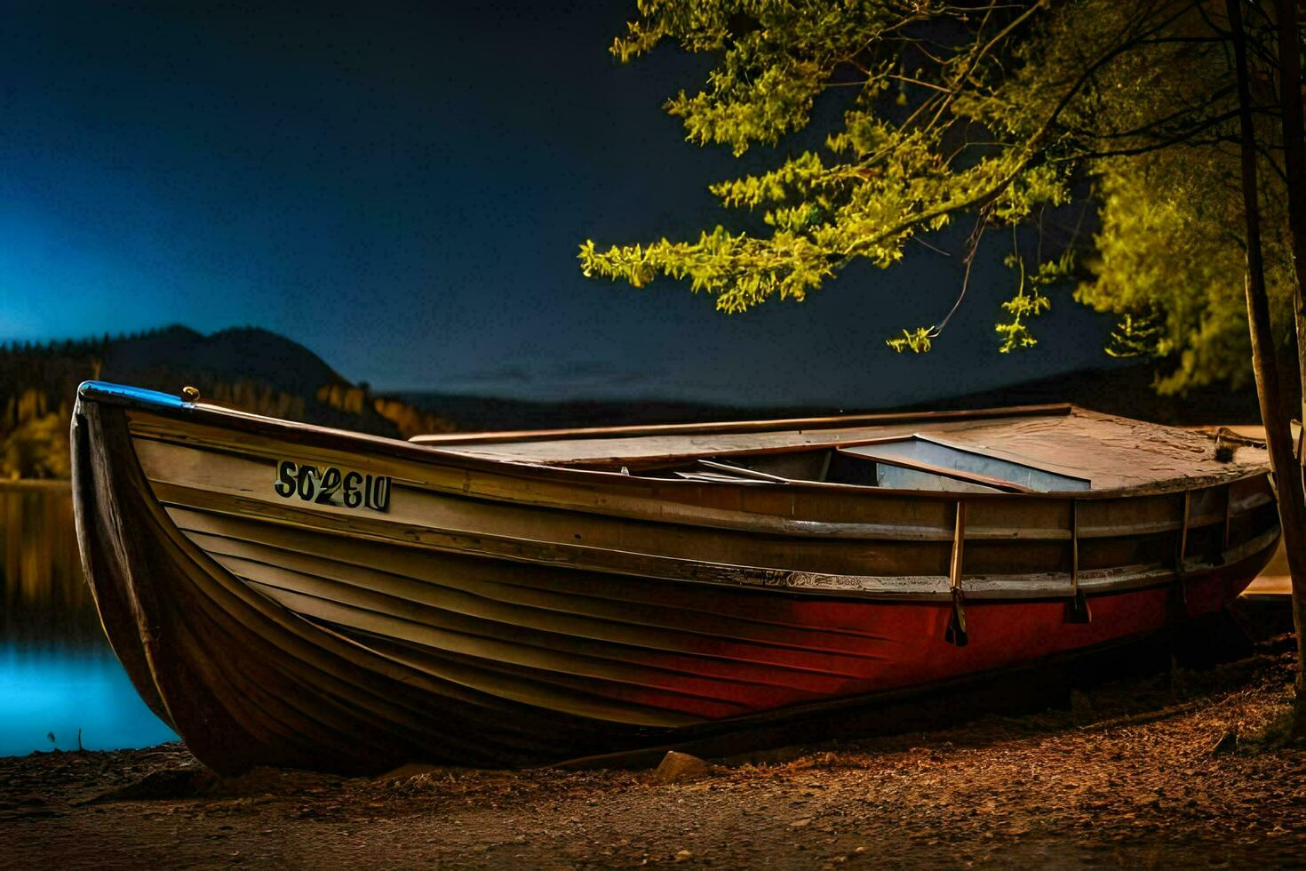 a boat sits on the shore at night. AI-Generated photo