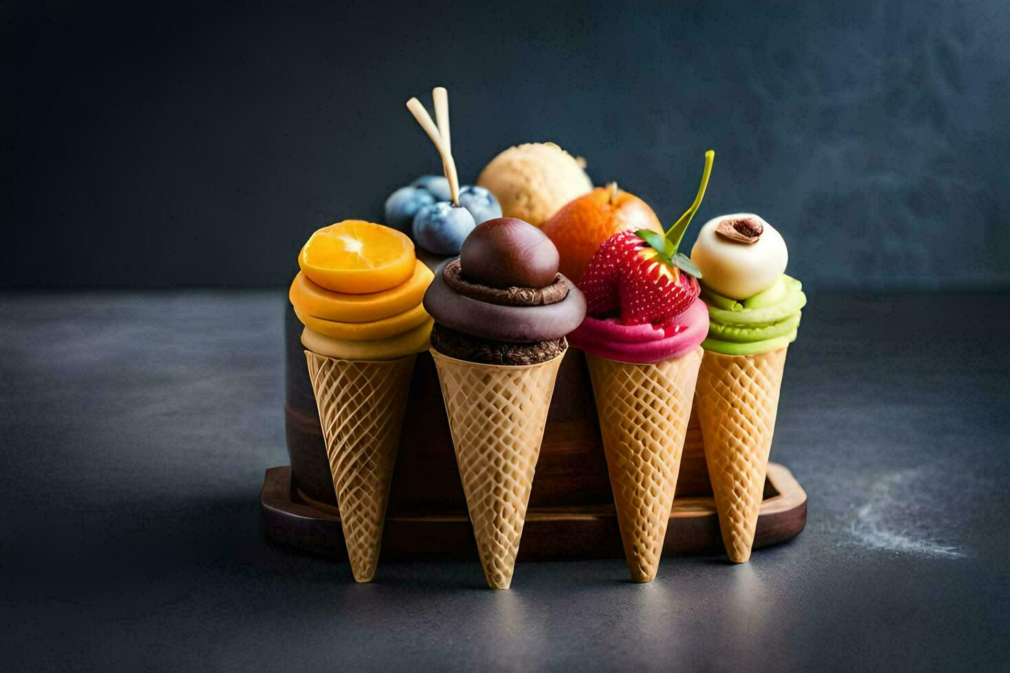 ice cream cones with different types of desserts. AI-Generated 30072875