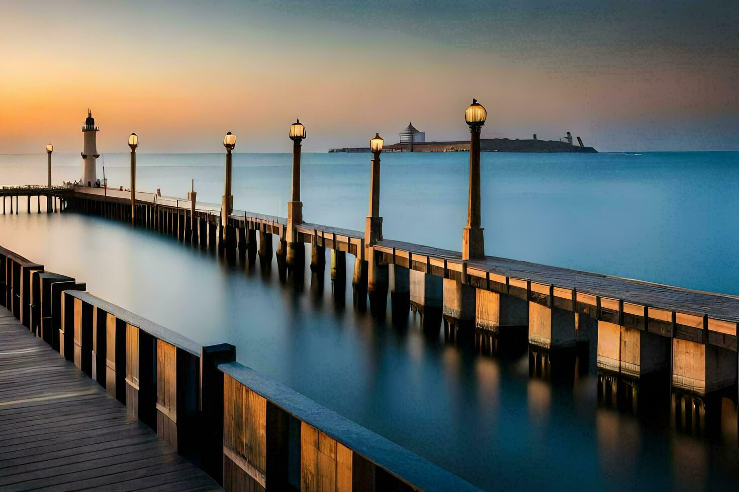 a pier with a lighthouse at sunset. AI-Generated photo