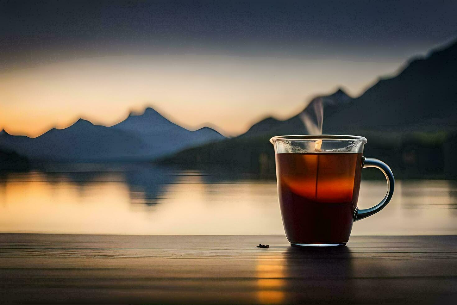 a cup of tea sits on a table with mountains in the background. AI-Generated photo