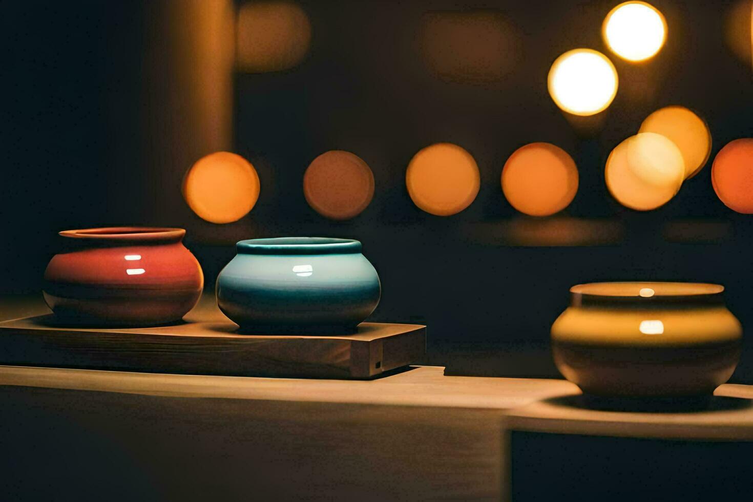 two colorful vases sit on a wooden shelf in a dark room. AI-Generated photo