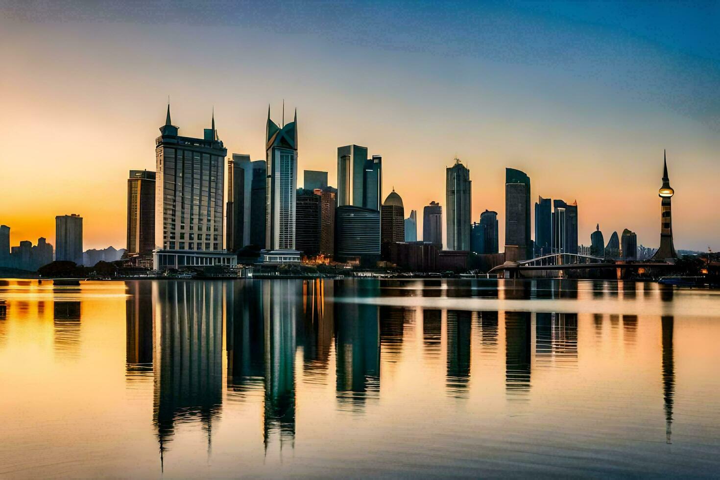 el horizonte de dubai a puesta de sol. generado por ai foto