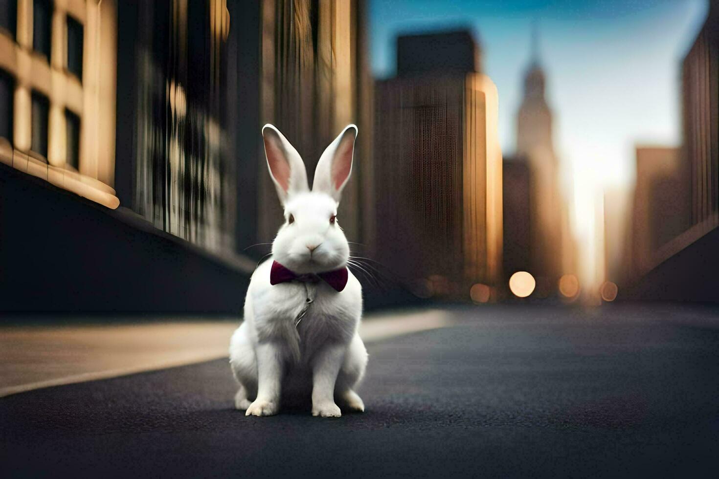 a white rabbit wearing a bow tie sitting on the street. AI-Generated photo