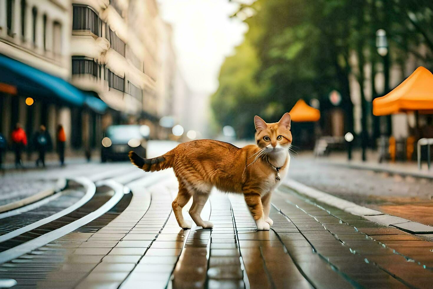 an orange cat is walking on a city street. AI-Generated photo