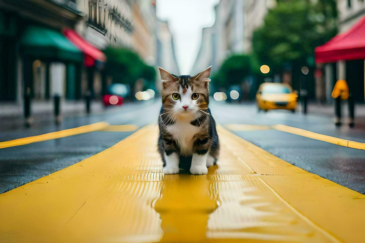 a cat is standing on a yellow road in the middle of a city. AI-Generated photo