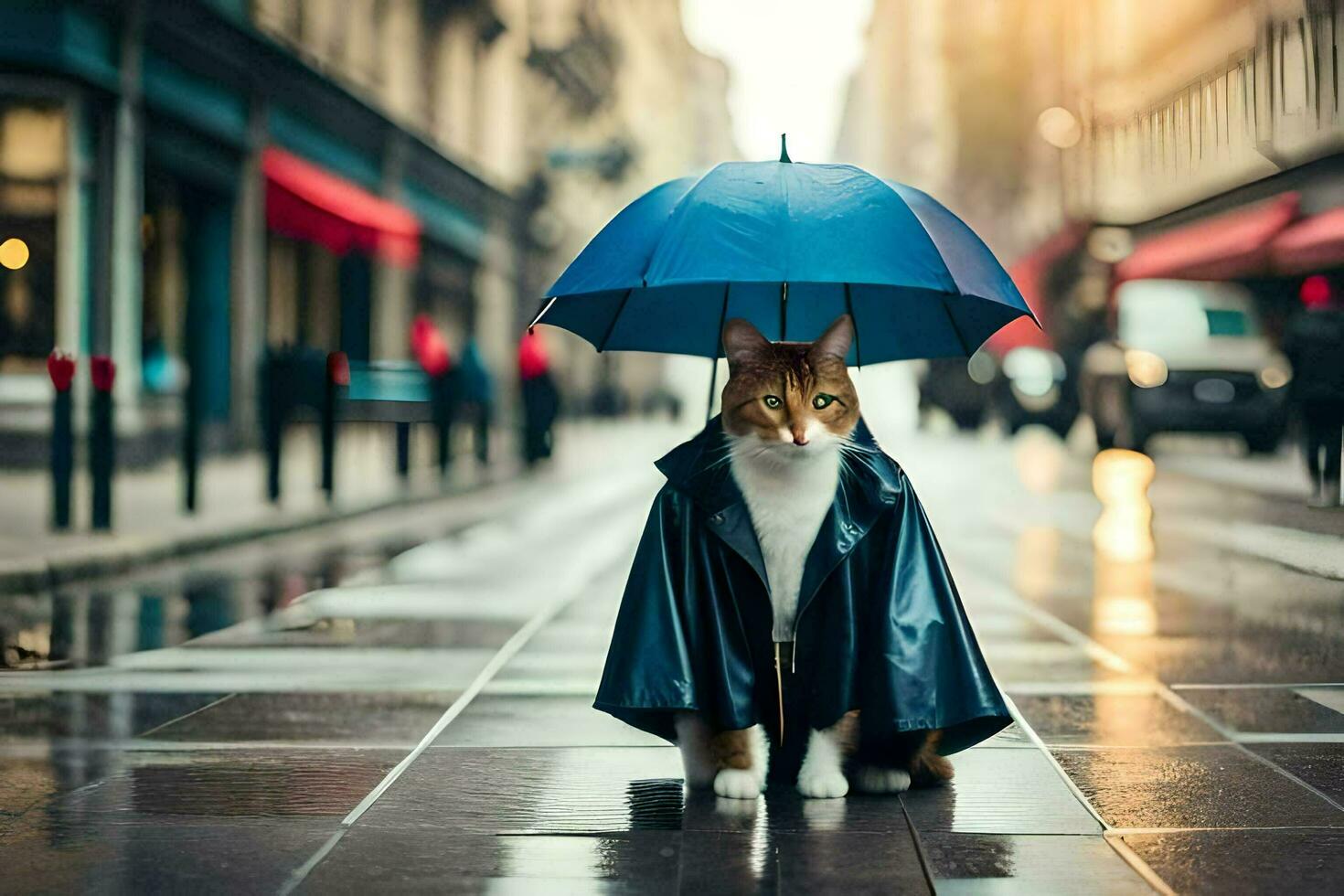 a cat in a raincoat and umbrella standing on a street. AI-Generated photo