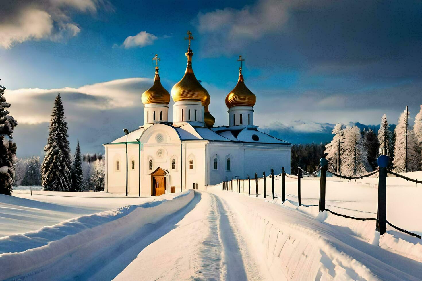 a white church with golden domes in the snow. AI-Generated photo