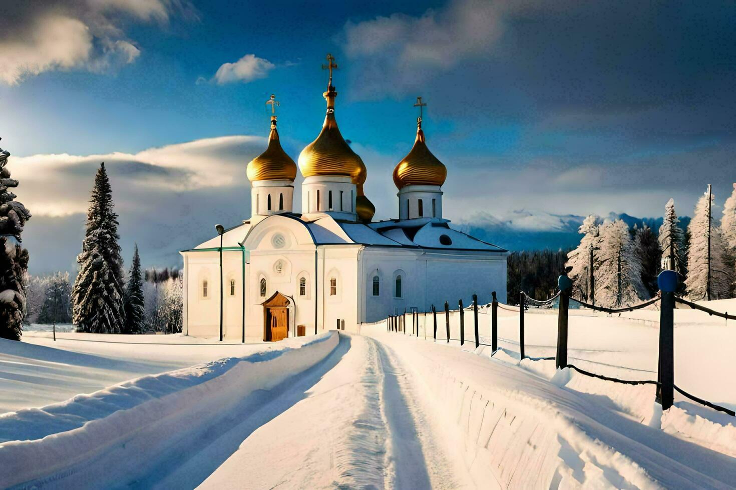 un blanco Iglesia con dorado domos en el nieve. generado por ai foto