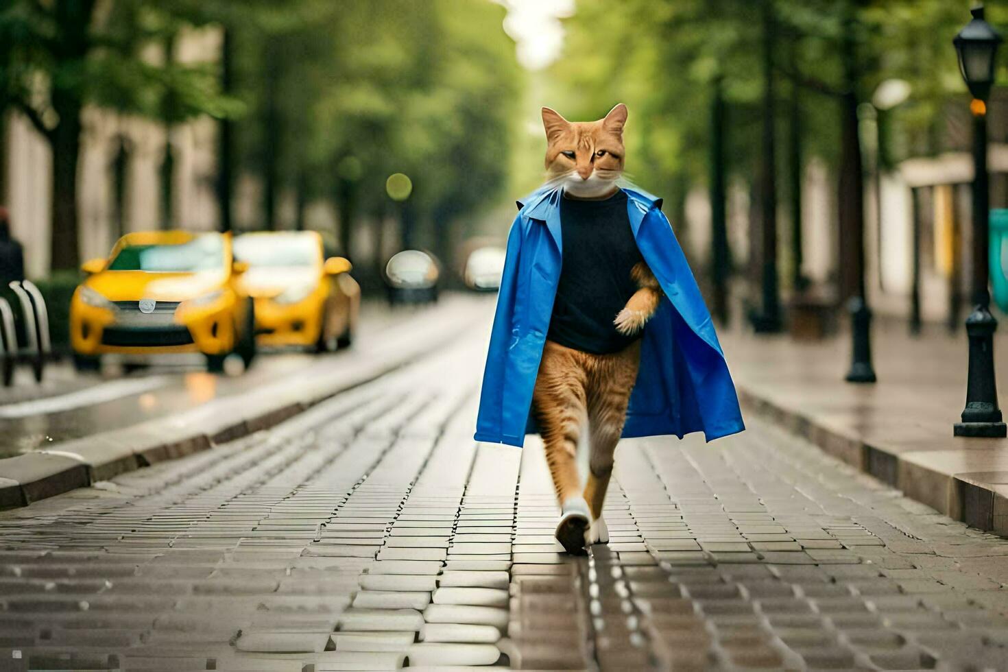 a cat in a blue coat walking down a street. AI-Generated photo