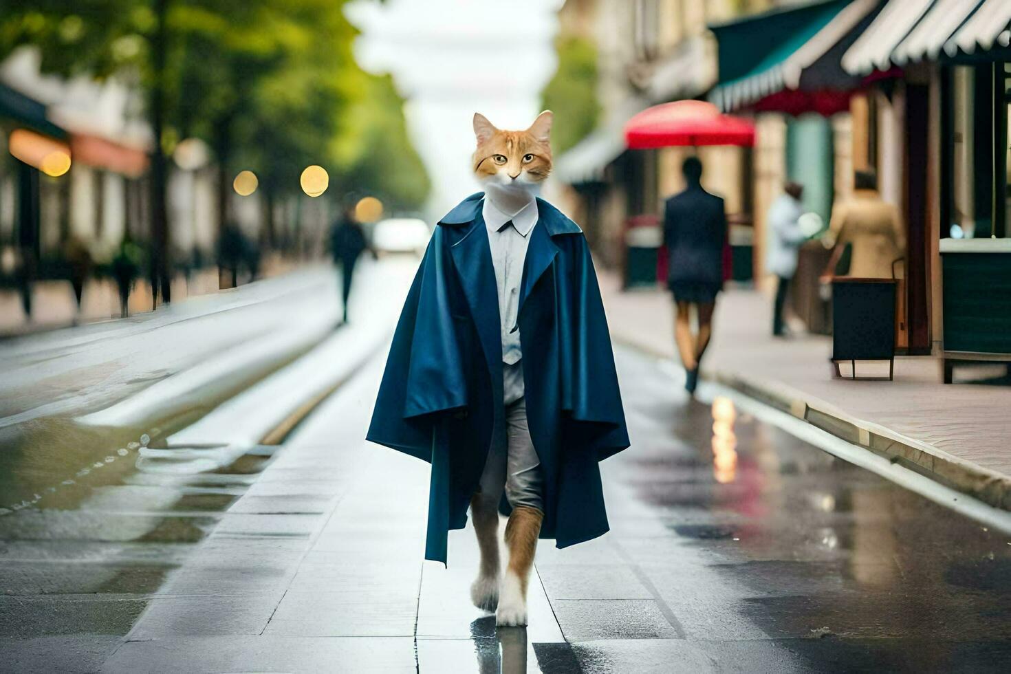 a cat wearing a mask walks down a street. AI-Generated photo