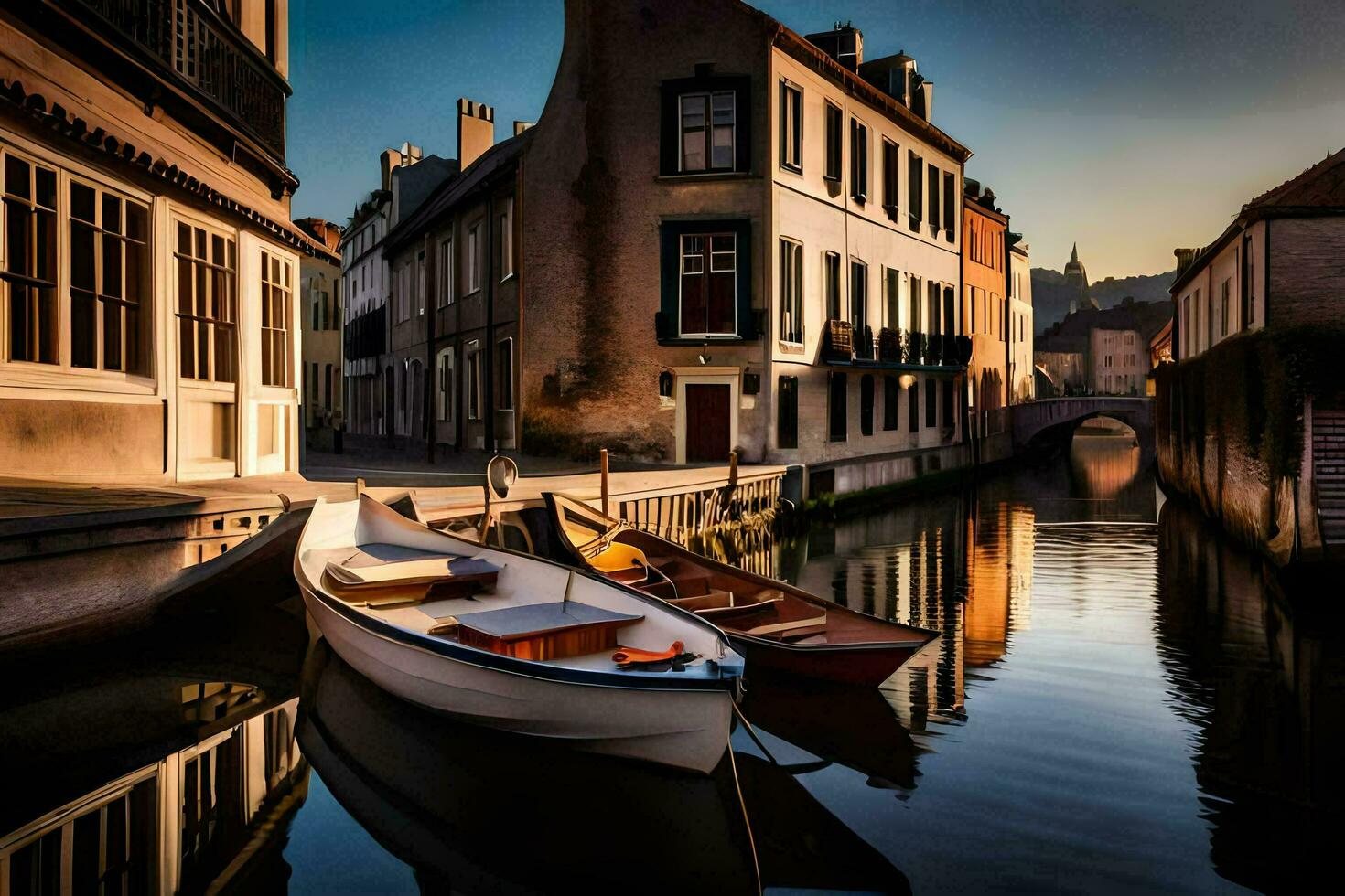 boats docked in a canal near buildings in a city. AI-Generated photo