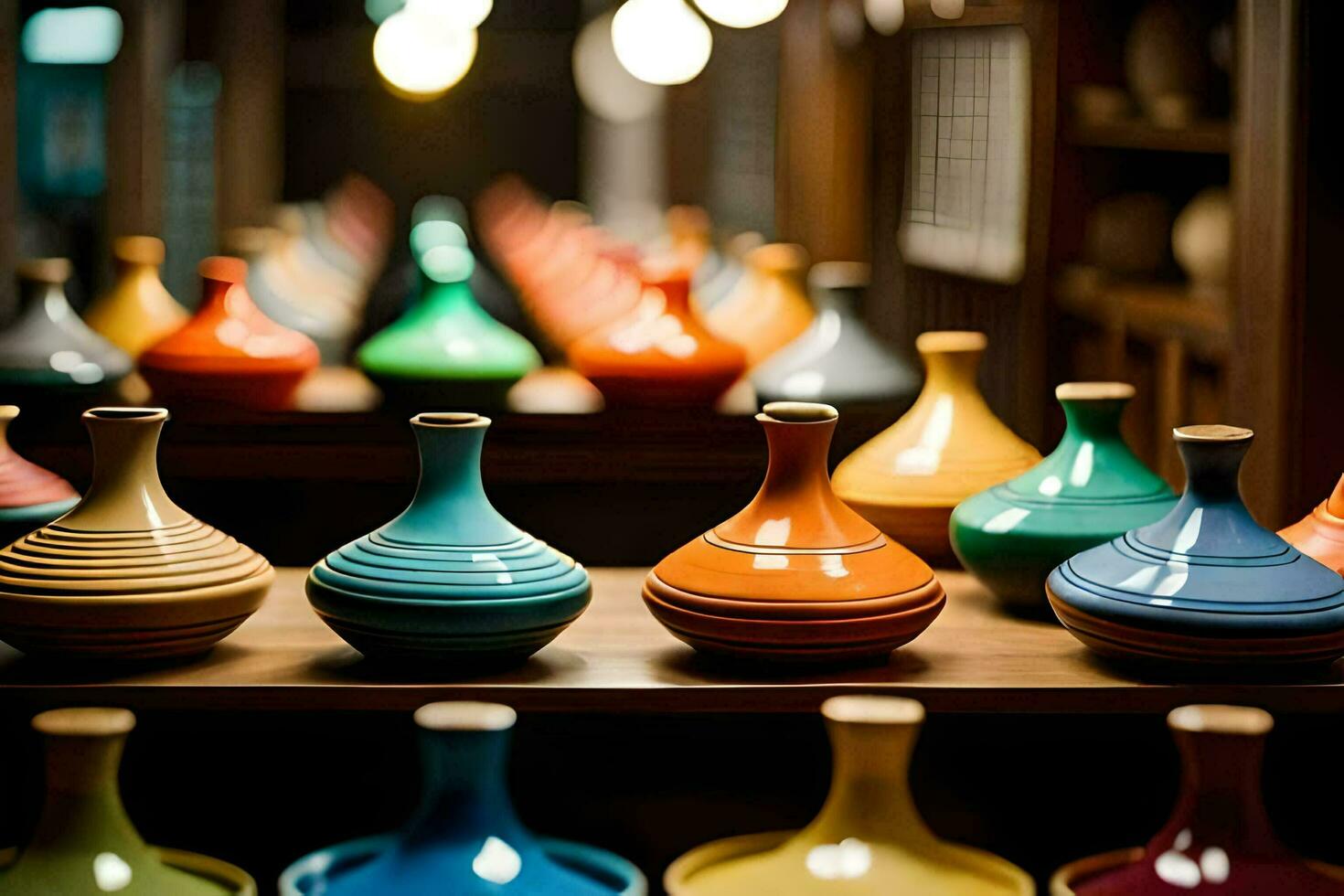 colorful vases on a shelf in a shop. AI-Generated photo