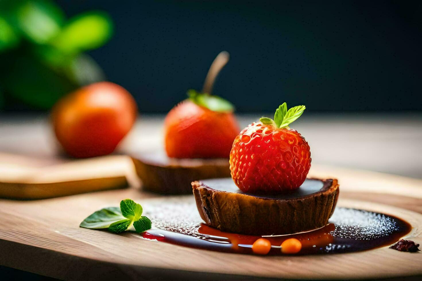 two small desserts with strawberries on top. AI-Generated photo