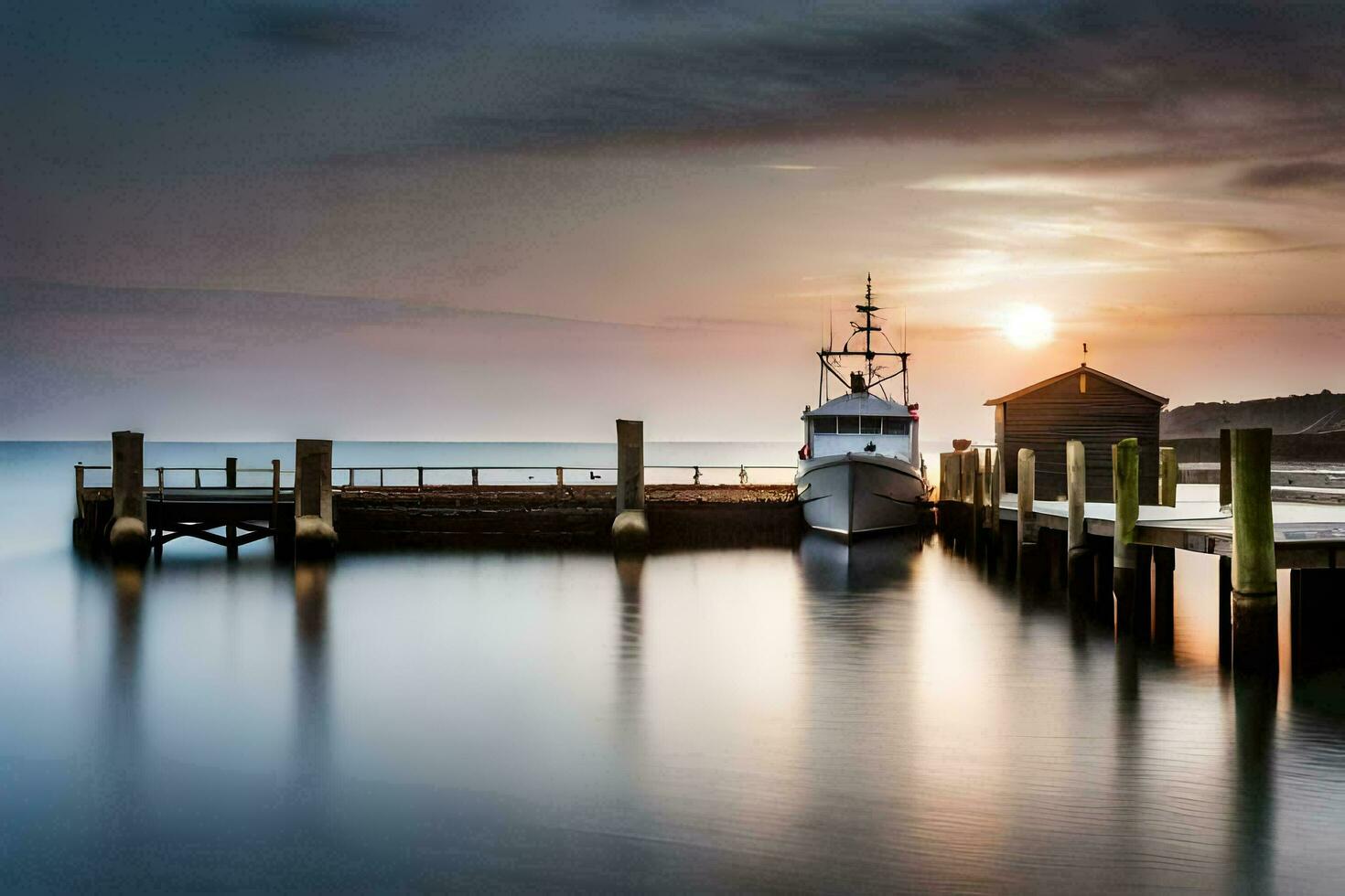 a boat docked at a pier at sunset. AI-Generated photo