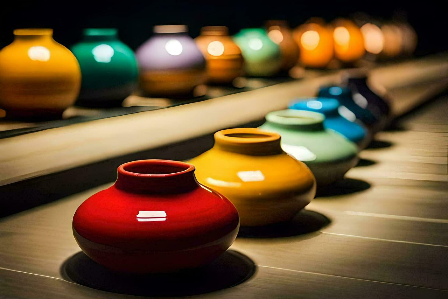 a row of colorful vases lined up on a table. AI-Generated photo