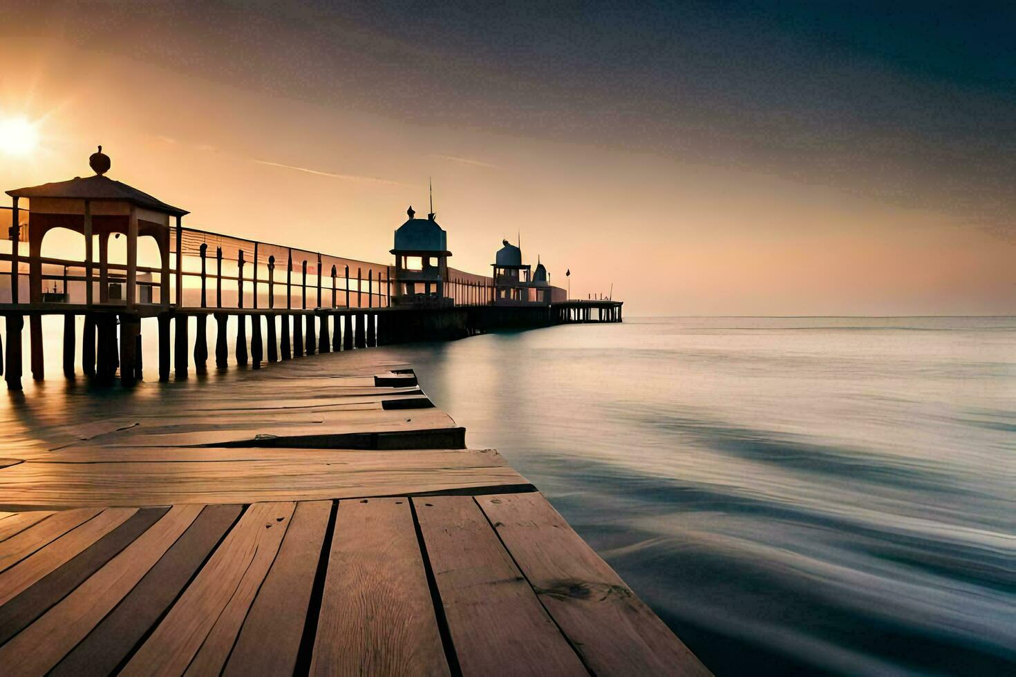 the pier at sunrise. AI-Generated photo