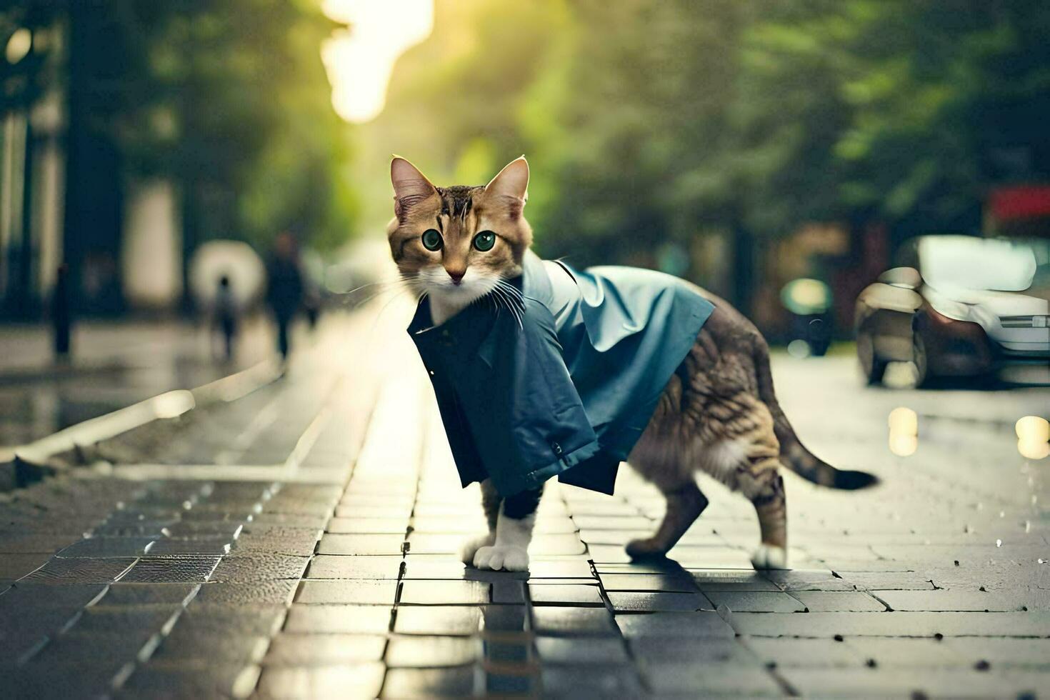 a cat wearing a raincoat on a rainy day. AI-Generated photo