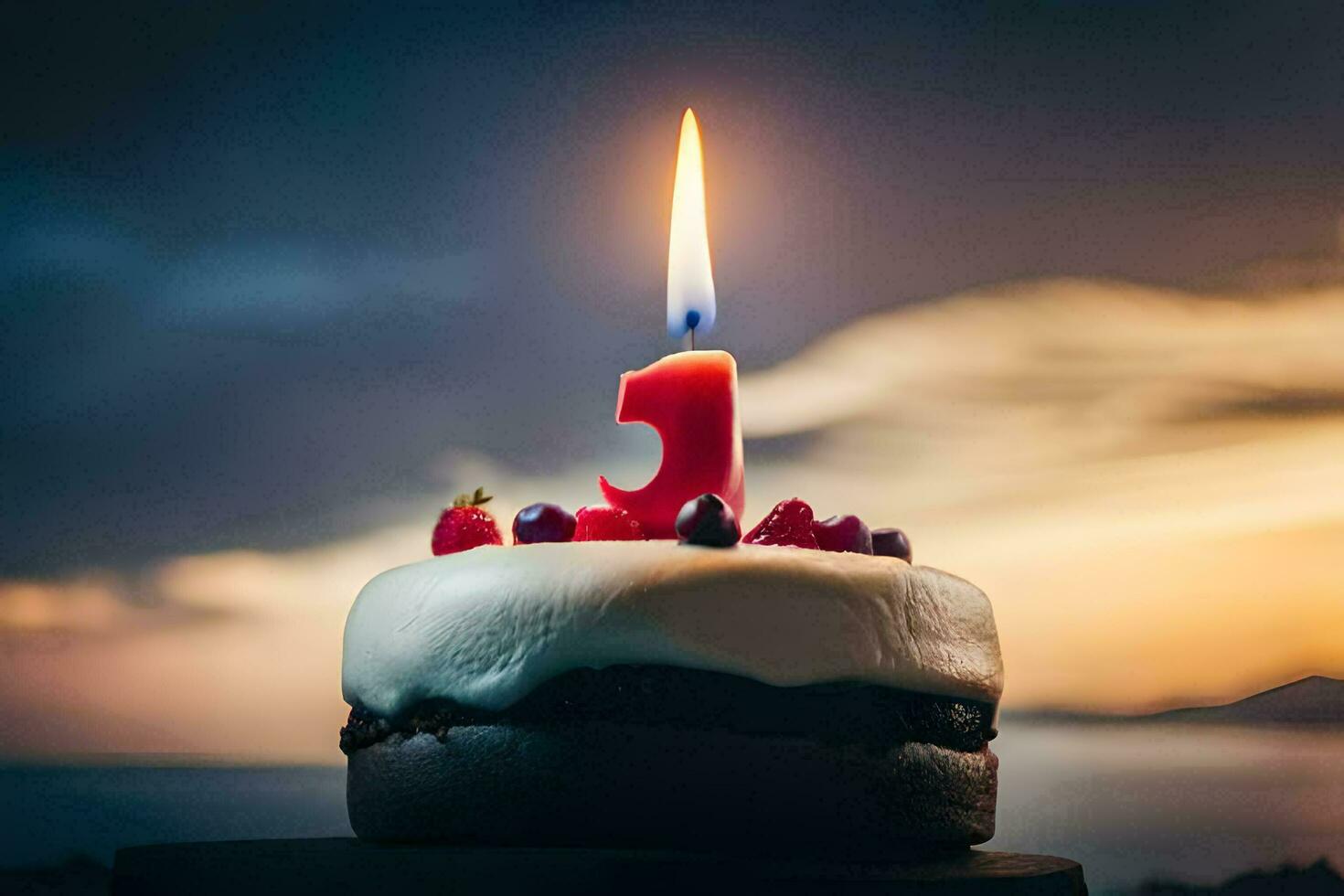 a birthday cake with a single candle on top. AI-Generated photo