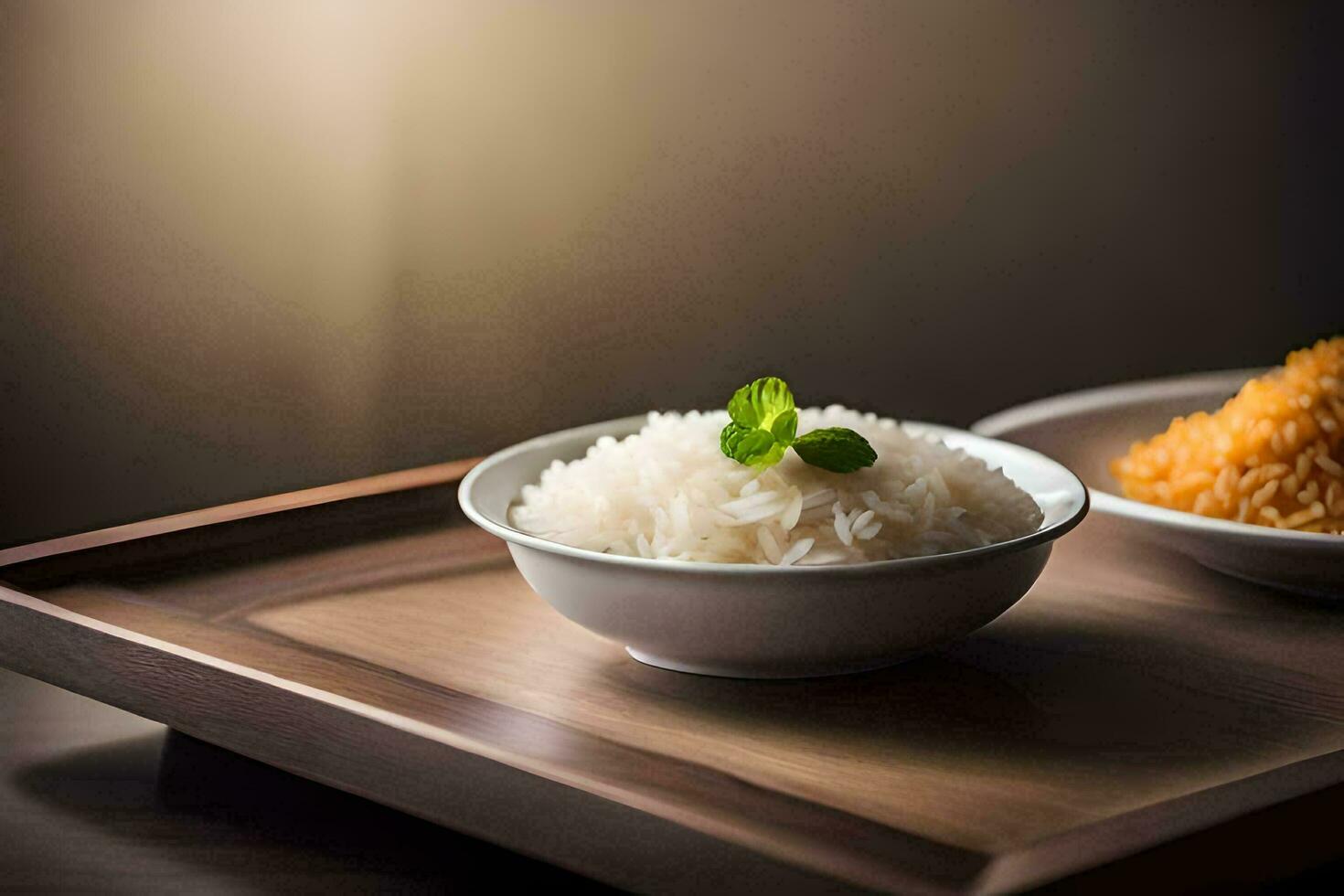 two bowls of rice sit on a wooden tray. AI-Generated photo