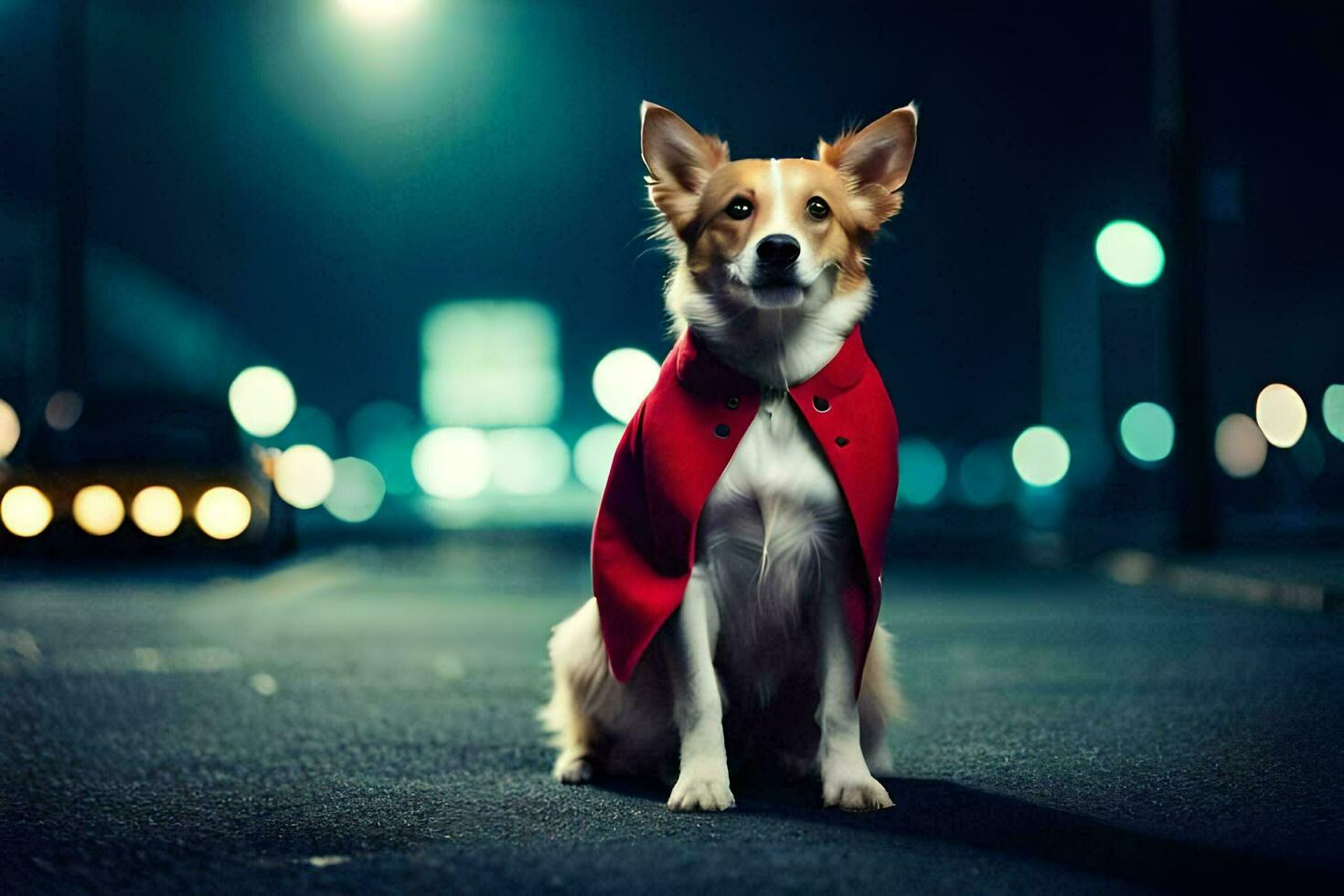 a dog wearing a red cape on the street at night. AI-Generated photo